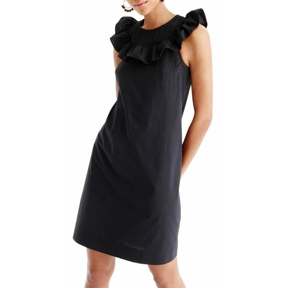 J.Crew Sleeveless Ruffle Neck Shift Short Summer Dress Black 100% Cotton Sz 12